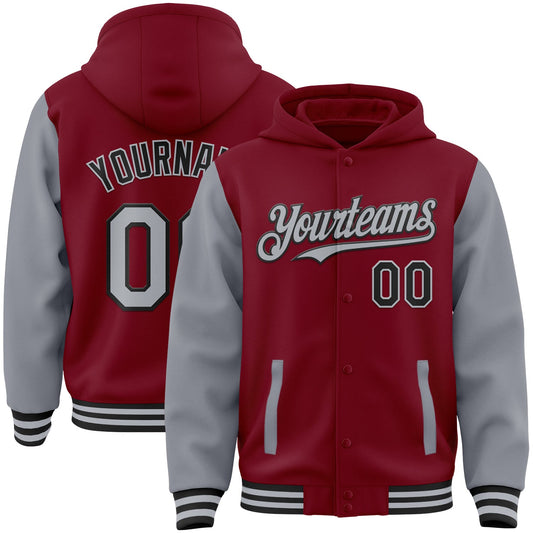 Custom Crimson Gray-Black Bomber Full-Snap Varsity Letterman Two Tone Hoodie Jacket - Main View