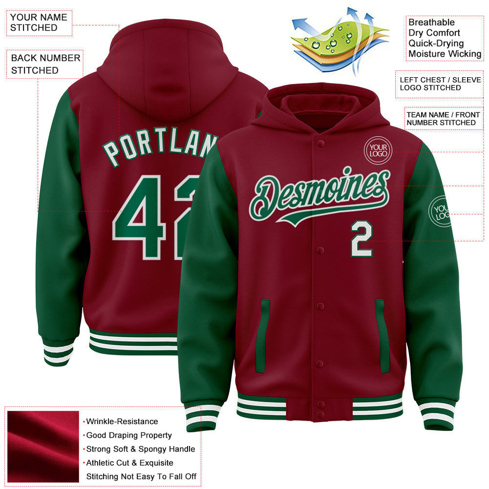 Custom Crimson Kelly Green-White Bomber Full-Snap Varsity Letterman Two Tone Hoodie Jacket view 3