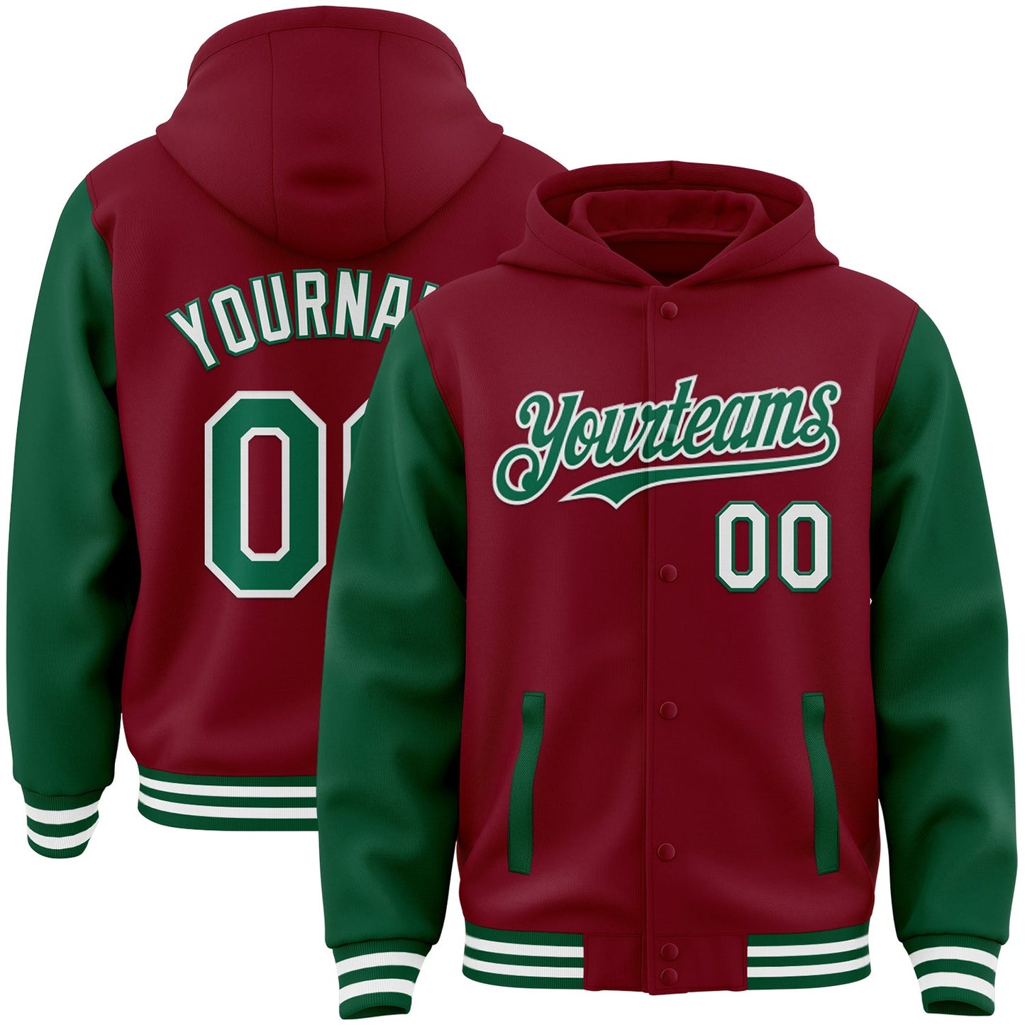 Custom Crimson Kelly Green-White Bomber Full-Snap Varsity Letterman Two Tone Hoodie Jacket - Main View