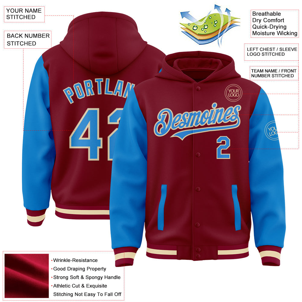 Custom Crimson Powder Blue Cream-Maroon Bomber Full-Snap Varsity Letterman Two Tone Hoodie Jacket view 3