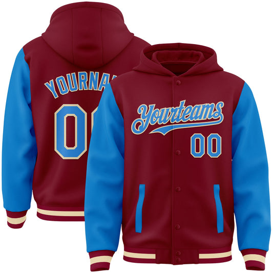 Custom Crimson Powder Blue Cream-Maroon Bomber Full-Snap Varsity Letterman Two Tone Hoodie Jacket - Main View