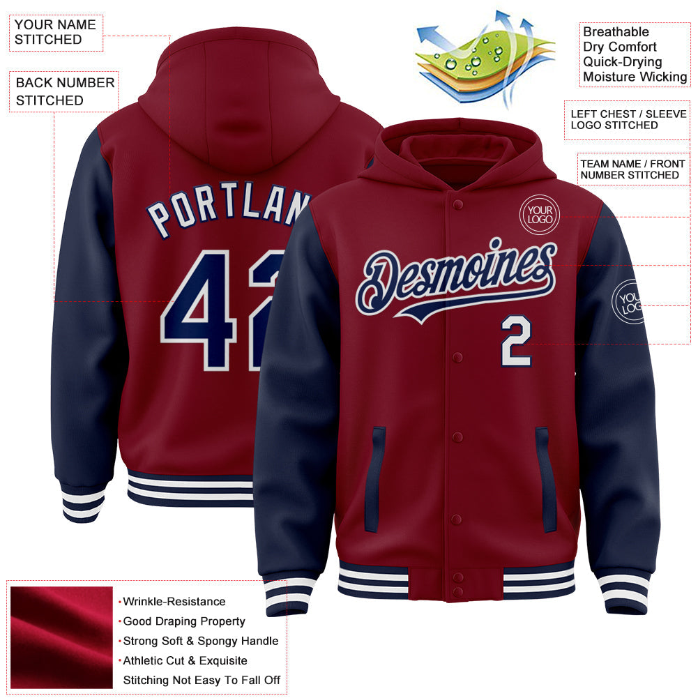 Custom Crimson Navy-White Bomber Full-Snap Varsity Letterman Two Tone Hoodie Jacket view 3