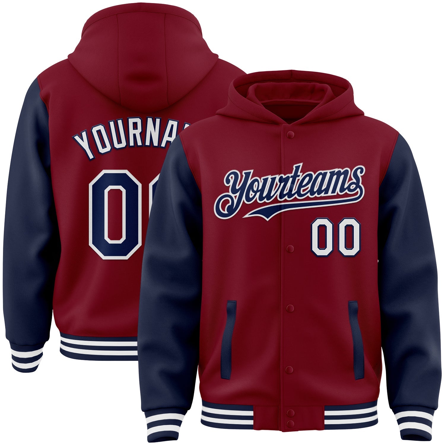 Custom Crimson Navy-White Bomber Full-Snap Varsity Letterman Two Tone Hoodie Jacket - Main View
