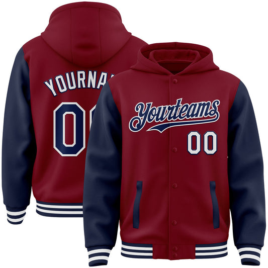 Custom Crimson Navy-White Bomber Full-Snap Varsity Letterman Two Tone Hoodie Jacket - Main View