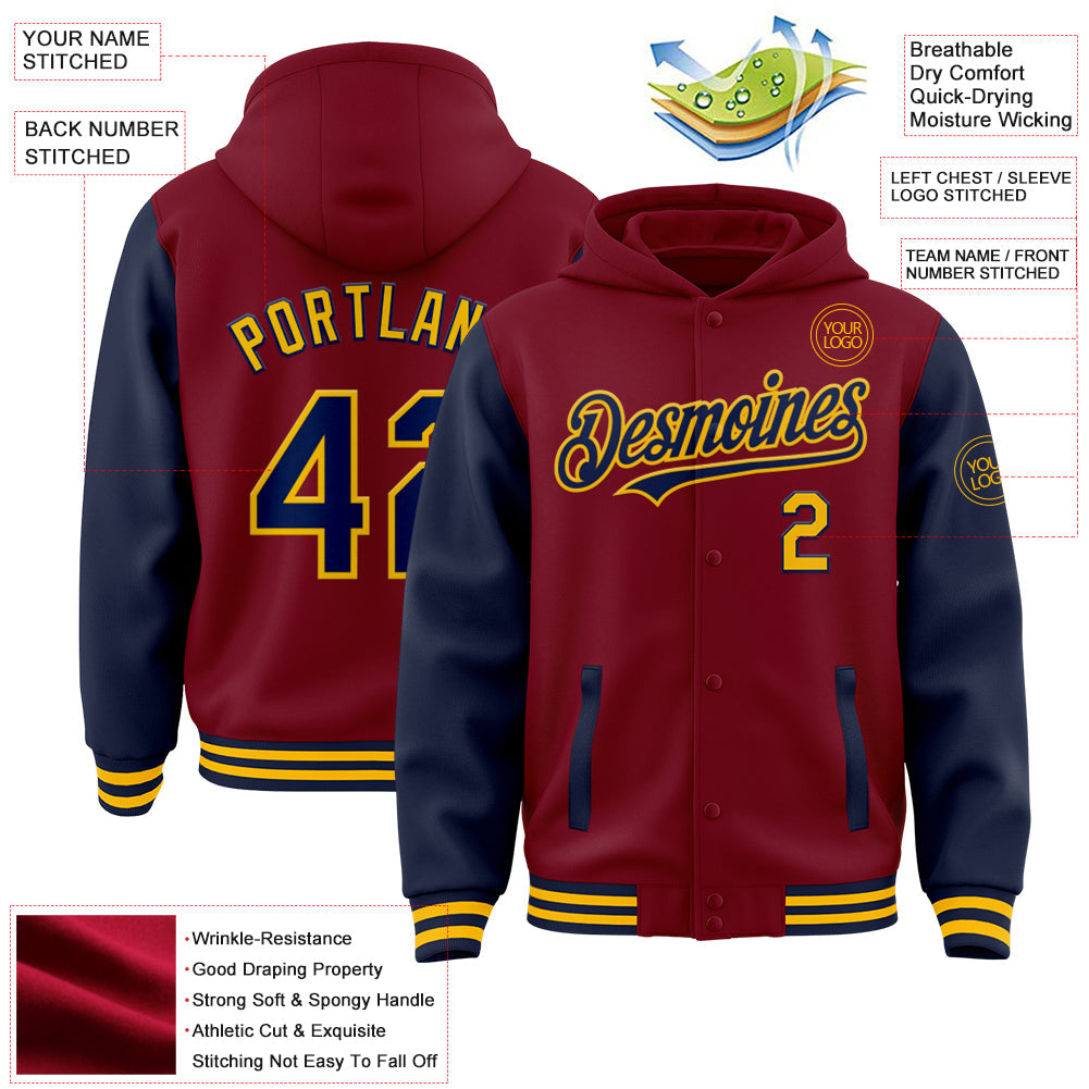 Custom Crimson Navy-Gold Bomber Full-Snap Varsity Letterman Two Tone Hoodie Jacket view 3