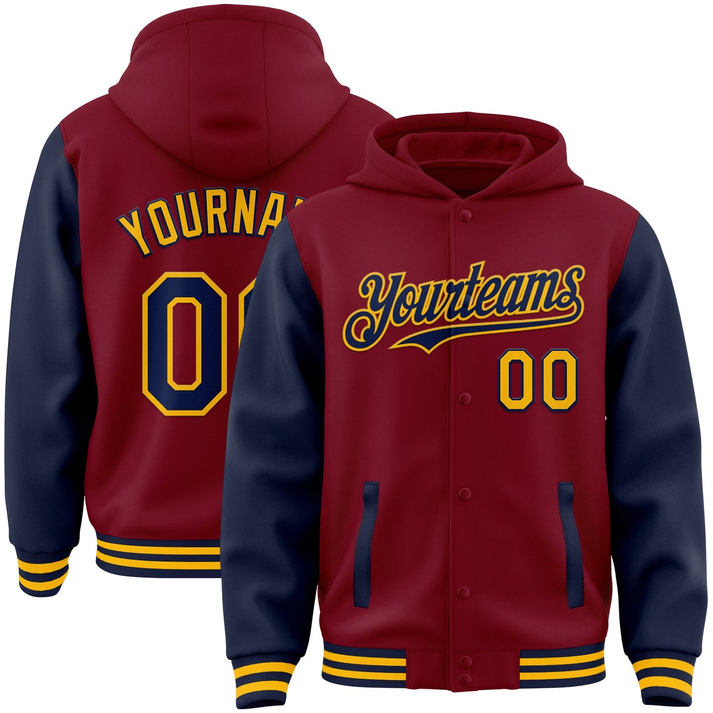 Custom Crimson Navy-Gold Bomber Full-Snap Varsity Letterman Two Tone Hoodie Jacket - Main View