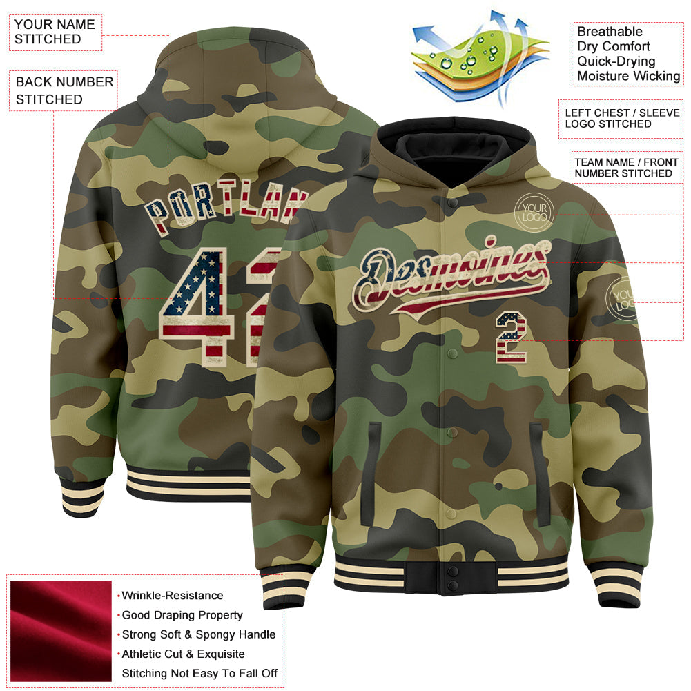 Custom Camo Vintage USA Flag Cream-Black 3D Bomber Full-Snap Varsity Letterman Salute To Service Hoodie Jacket view 3