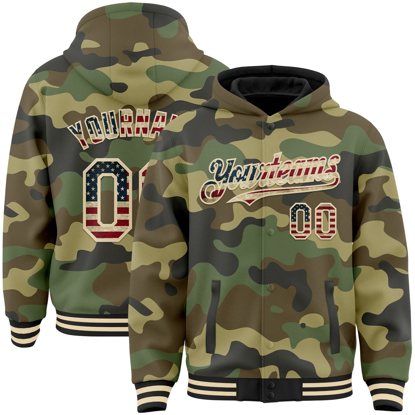 Custom Camo Vintage USA Flag Cream-Black 3D Bomber Full-Snap Varsity Letterman Salute To Service Hoodie Jacket - Main View