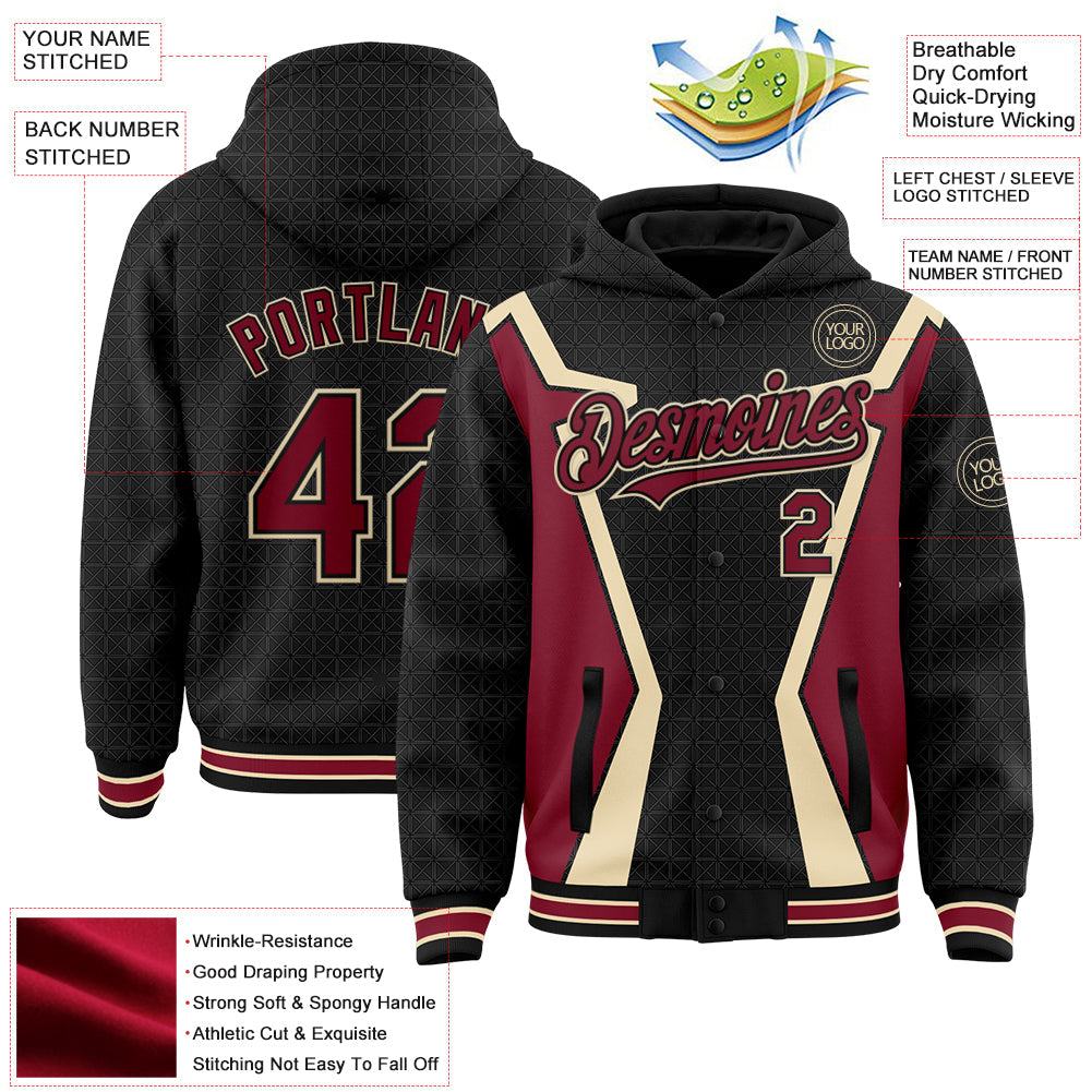 Custom Black Crimson-City Cream Arrow 3D Pattern Design Bomber Full-Snap Varsity Letterman Hoodie Jacket view 3