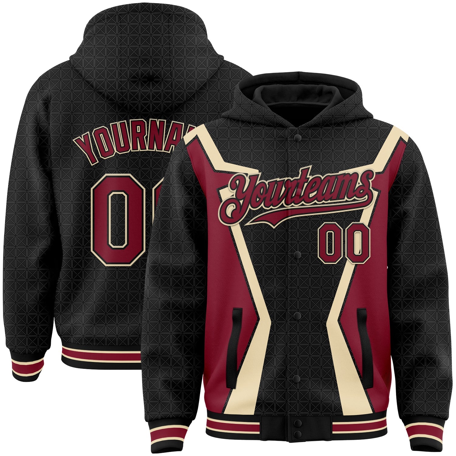 Custom Black Crimson-City Cream Arrow 3D Pattern Design Bomber Full-Snap Varsity Letterman Hoodie Jacket - Main View