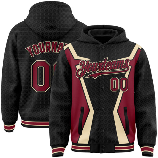 Custom Black Crimson-City Cream Arrow 3D Pattern Design Bomber Full-Snap Varsity Letterman Hoodie Jacket - Main View