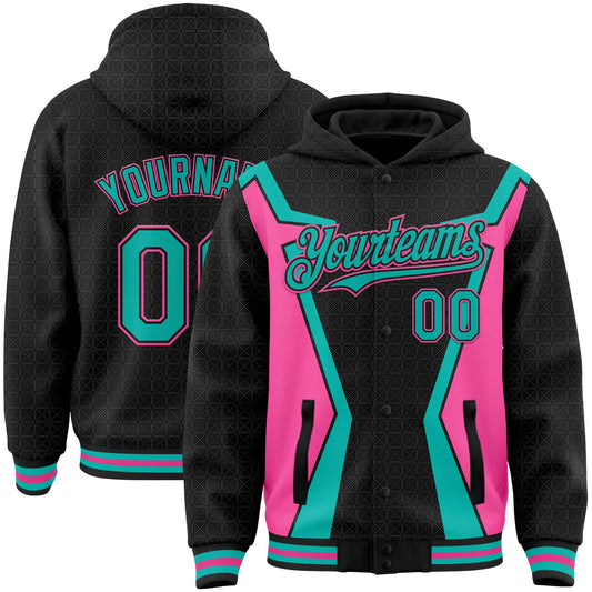 Custom Black Aqua-Pink Arrow 3D Pattern Design Bomber Full-Snap Varsity Letterman Hoodie Jacket - Main View