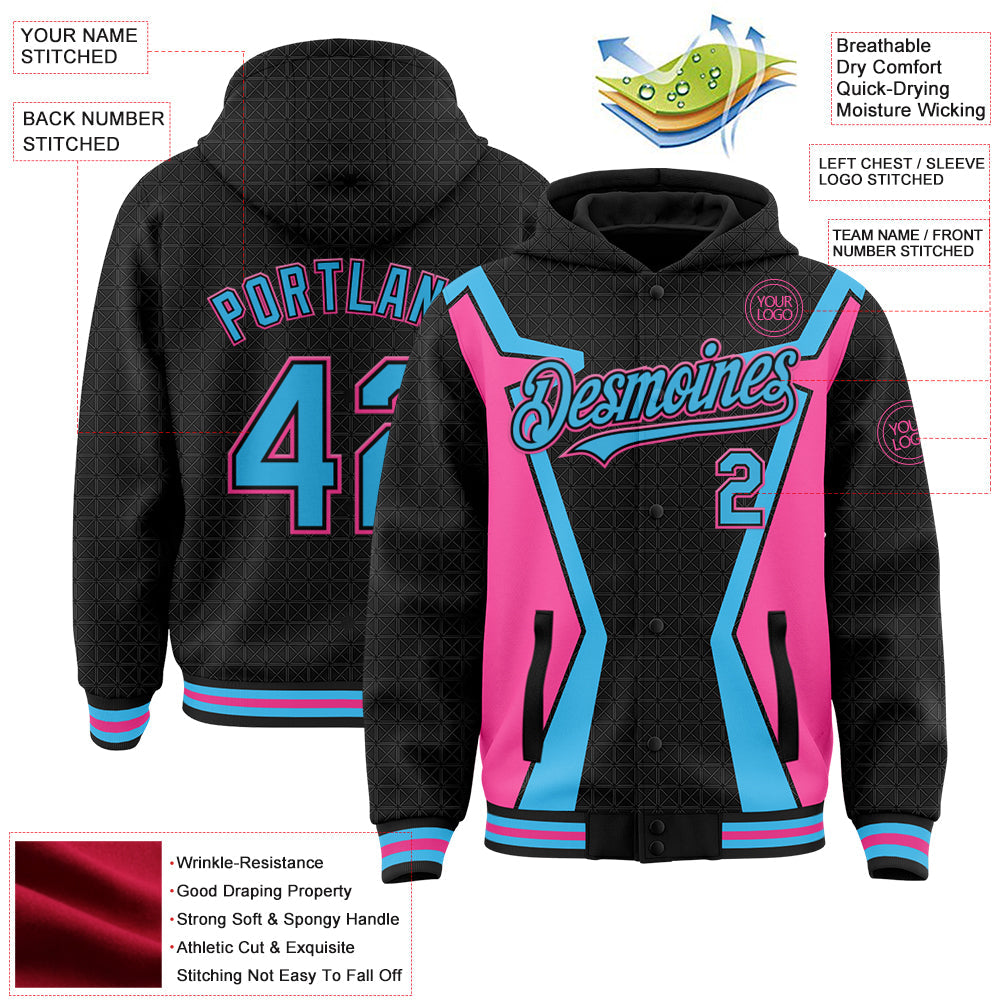 Custom Black Sky Blue-Pink Arrow 3D Pattern Design Bomber Full-Snap Varsity Letterman Hoodie Jacket view 3
