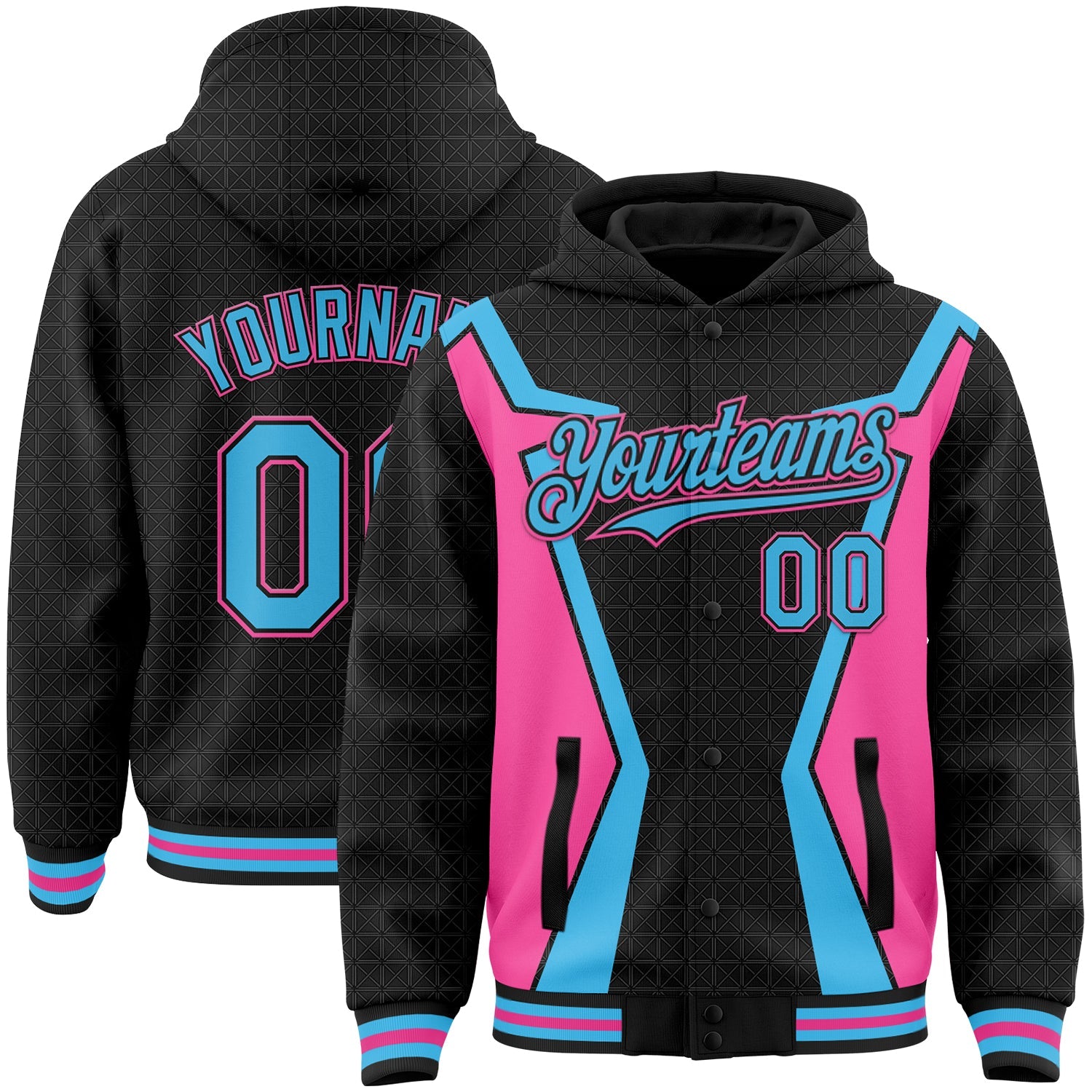 Custom Black Sky Blue-Pink Arrow 3D Pattern Design Bomber Full-Snap Varsity Letterman Hoodie Jacket - Main View