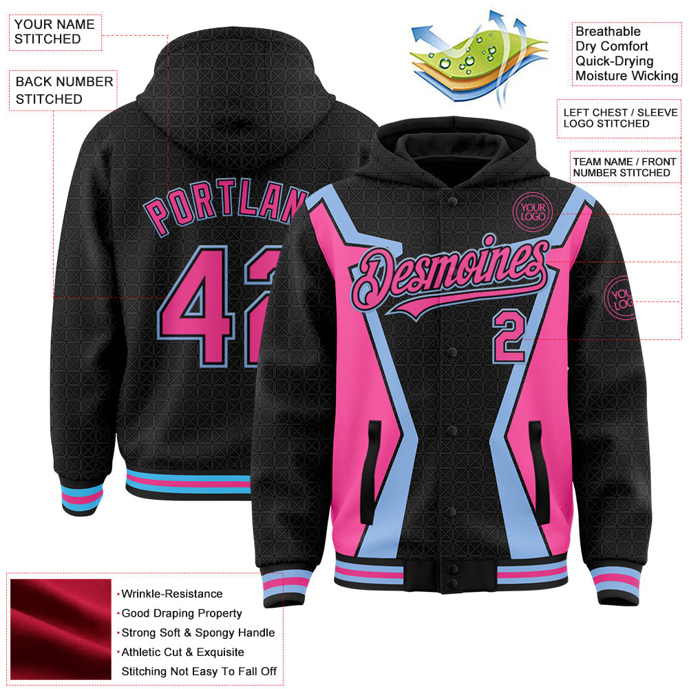 Custom Black Pink-Light Blue Arrow 3D Pattern Design Bomber Full-Snap Varsity Letterman Hoodie Jacket view 3
