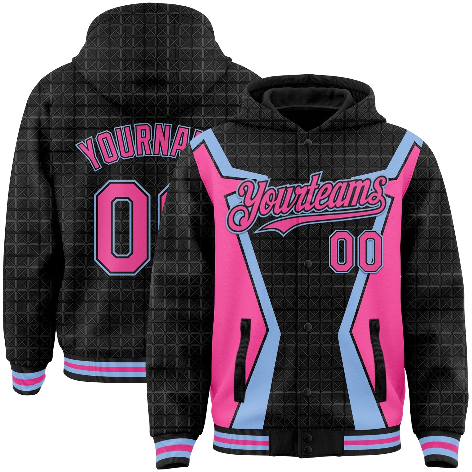Custom Black Pink-Light Blue Arrow 3D Pattern Design Bomber Full-Snap Varsity Letterman Hoodie Jacket - Main View