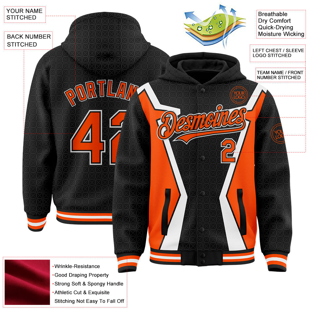 Custom Black Orange-White Arrow 3D Pattern Design Bomber Full-Snap Varsity Letterman Hoodie Jacket view 3