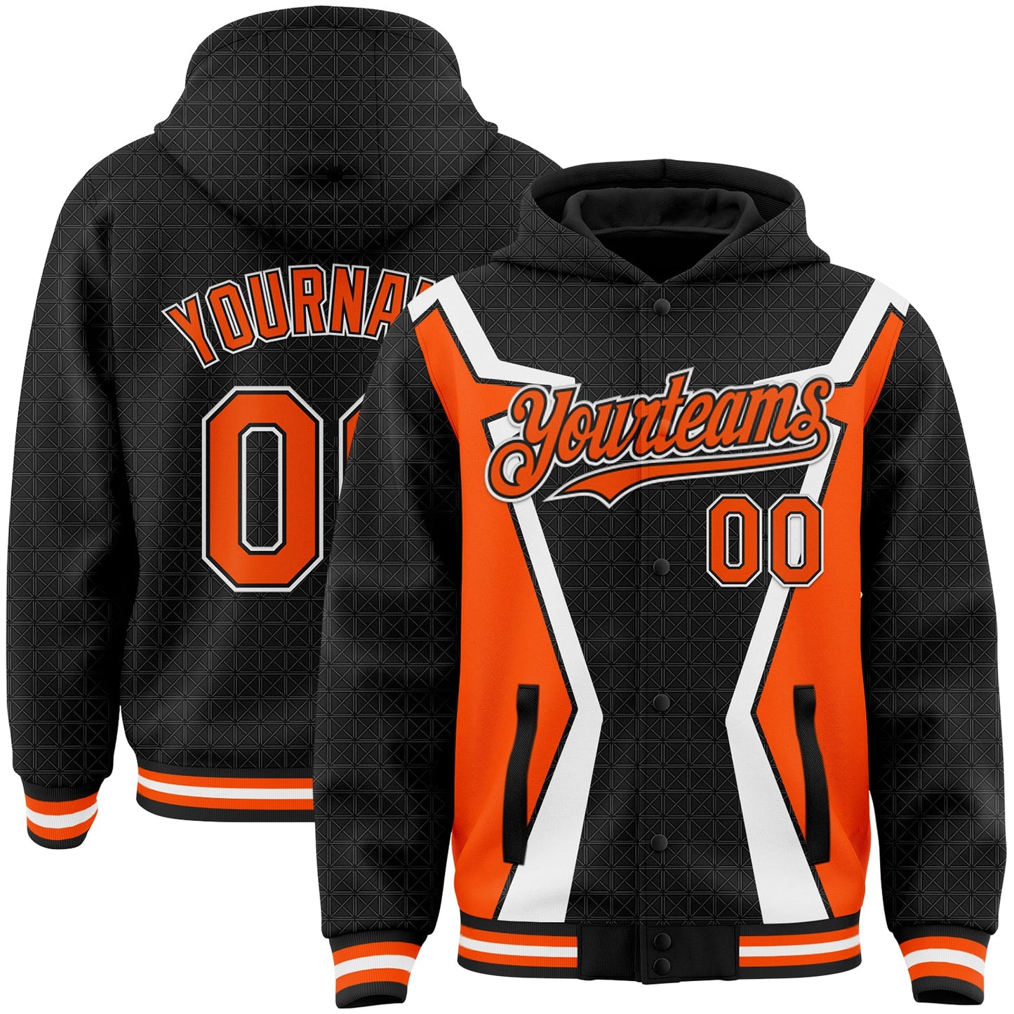 Custom Black Orange-White Arrow 3D Pattern Design Bomber Full-Snap Varsity Letterman Hoodie Jacket - Main View