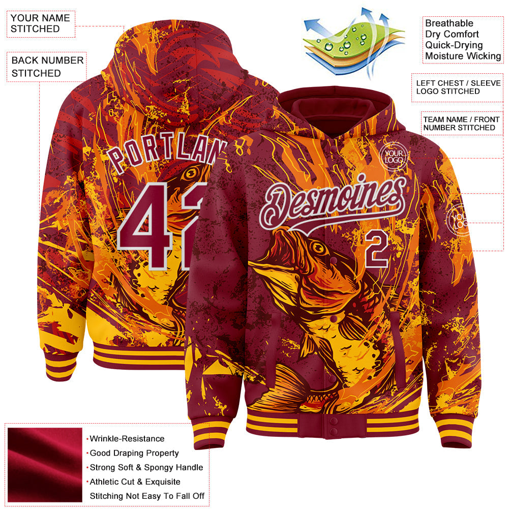 Custom Crimson Gold-White Largemouth Bass Fish Fishing 3D Bomber Full-Snap Varsity Letterman Hoodie Jacket view 3