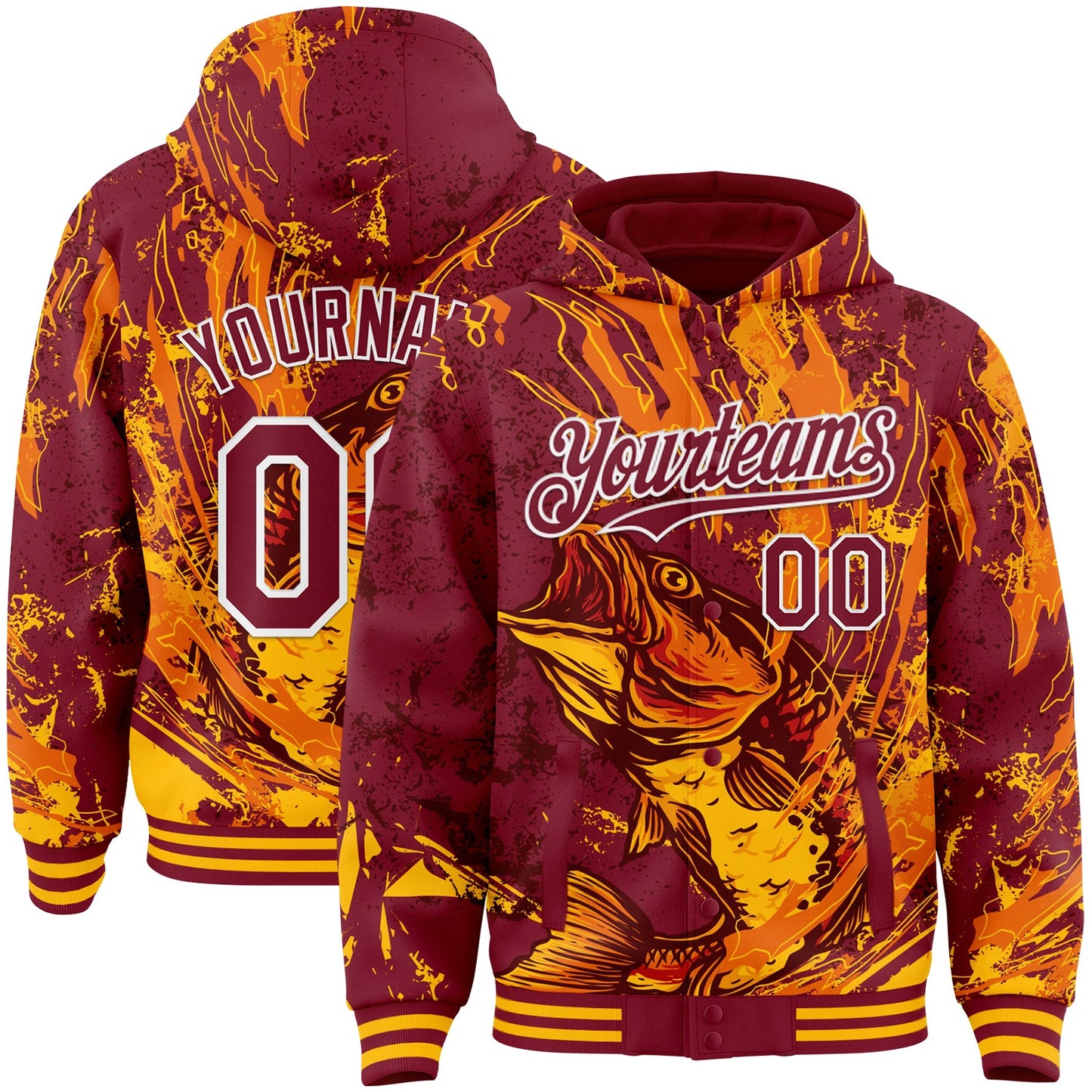 Custom Crimson Gold-White Largemouth Bass Fish Fishing 3D Bomber Full-Snap Varsity Letterman Hoodie Jacket - Main View
