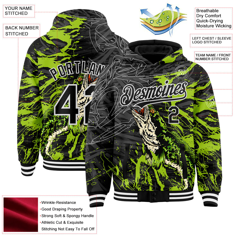 Custom Black Neon Green-White Snakehead Fish Fishing 3D Bomber Full-Snap Varsity Letterman Hoodie Jacket view 3