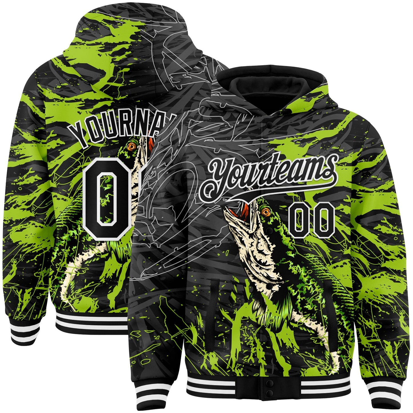 Custom Black Neon Green-White Snakehead Fish Fishing 3D Bomber Full-Snap Varsity Letterman Hoodie Jacket - Main View