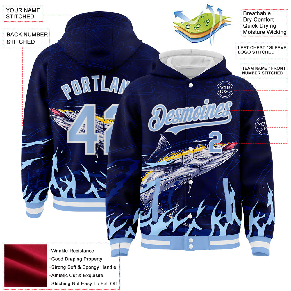 Custom Navy Light Blue-White Tuna Fish Fishing 3D Bomber Full-Snap Varsity Letterman Hoodie Jacket view 3