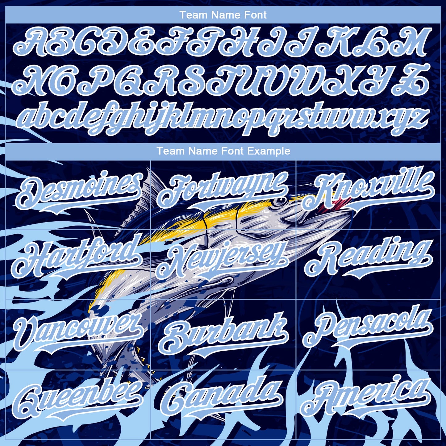 Custom Navy Light Blue-White Tuna Fish Fishing 3D Bomber Full-Snap Varsity Letterman Hoodie Jacket view 4