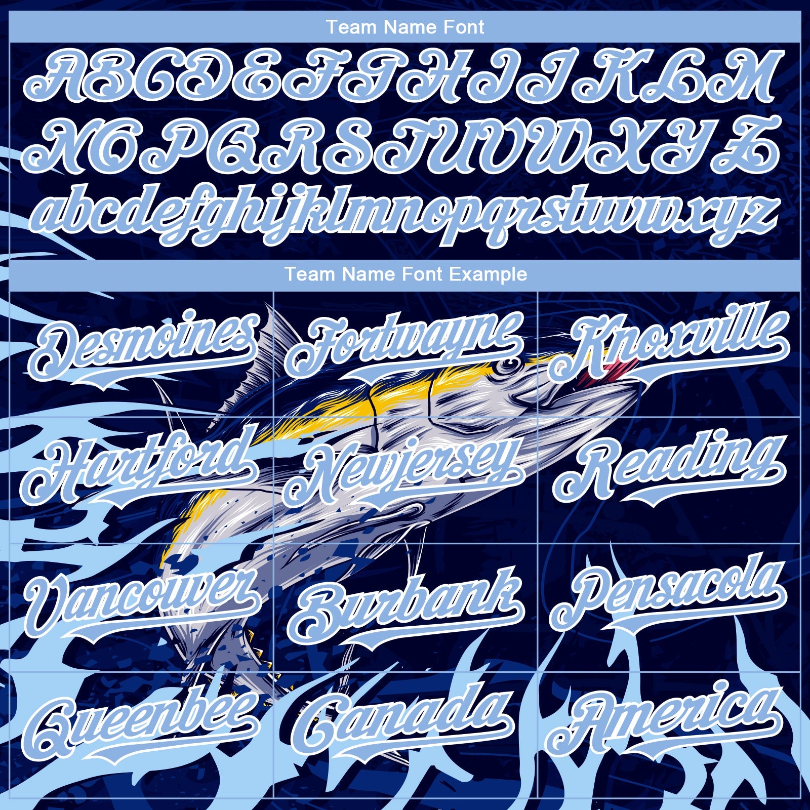 Custom Navy Light Blue-White Tuna Fish Fishing 3D Bomber Full-Snap Varsity Letterman Hoodie Jacket view 4