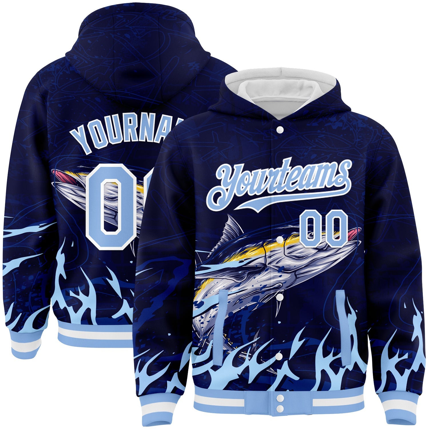 Custom Navy Light Blue-White Tuna Fish Fishing 3D Bomber Full-Snap Varsity Letterman Hoodie Jacket - Main View