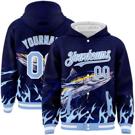 Custom Navy Light Blue-White Tuna Fish Fishing 3D Bomber Full-Snap Varsity Letterman Hoodie Jacket - Main View