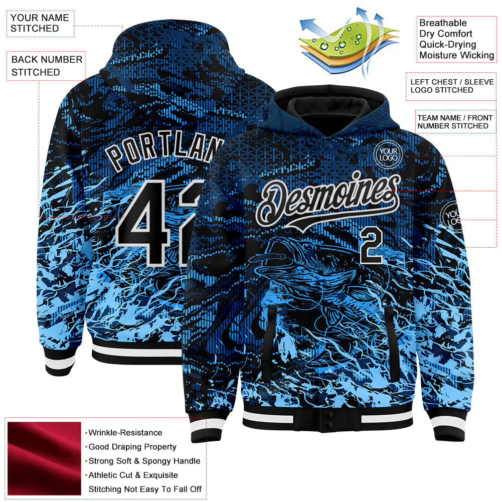 Custom Navy Black-Light Blue Tuna Fish Fishing 3D Bomber Full-Snap Varsity Letterman Hoodie Jacket view 3