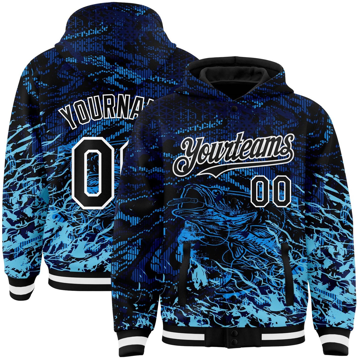 Custom Navy Black-Light Blue Tuna Fish Fishing 3D Bomber Full-Snap Varsity Letterman Hoodie Jacket - Main View