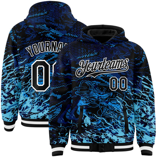 Custom Navy Black-Light Blue Tuna Fish Fishing 3D Bomber Full-Snap Varsity Letterman Hoodie Jacket - Main View