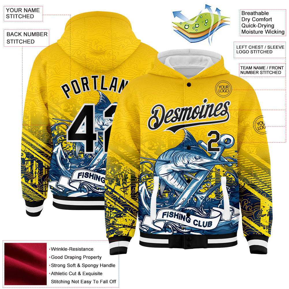 Custom Gold Black-White Marlin Fish Fishing 3D Bomber Full-Snap Varsity Letterman Hoodie Jacket view 3