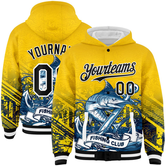 Custom Gold Black-White Marlin Fish Fishing 3D Bomber Full-Snap Varsity Letterman Hoodie Jacket - Main View