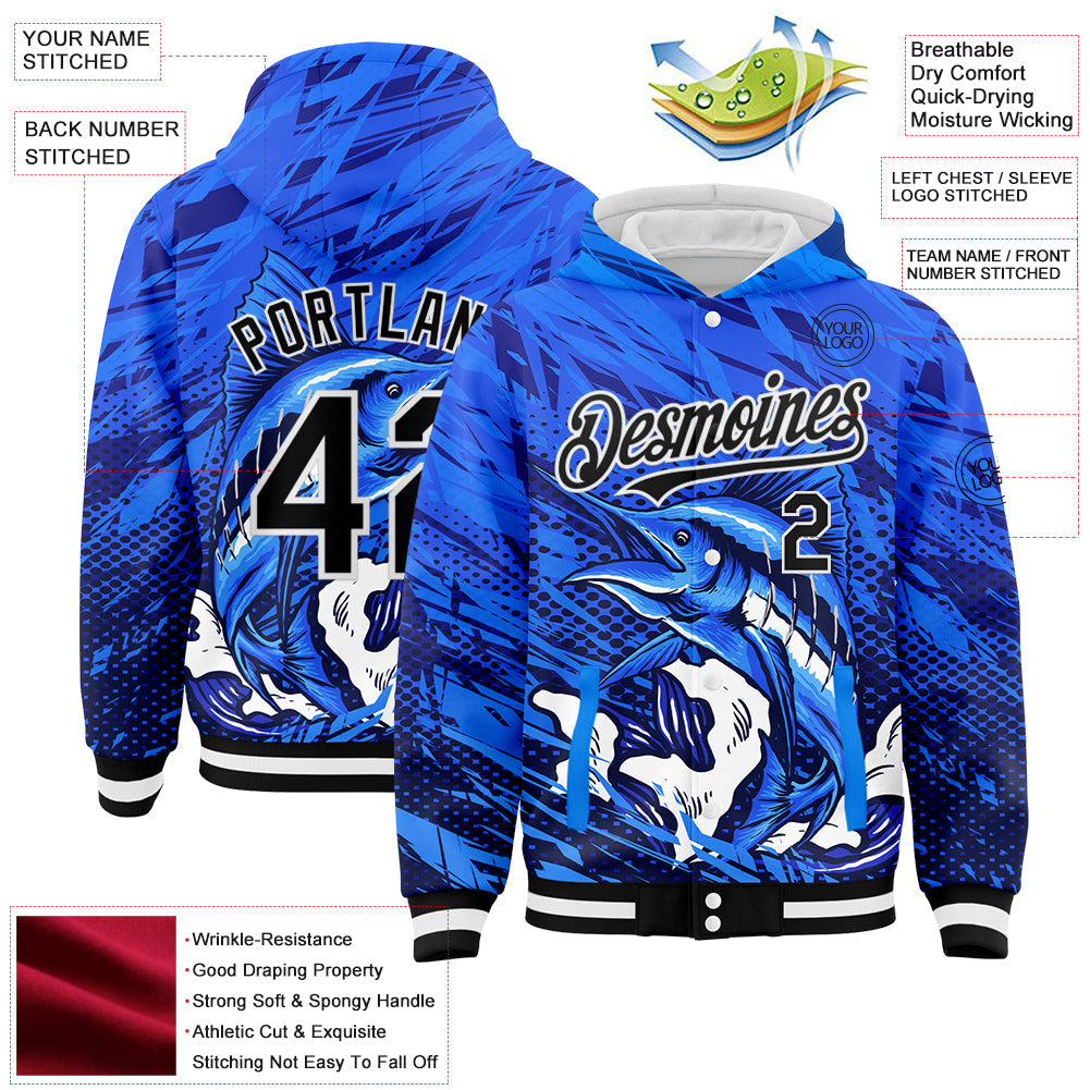 Custom Royal Black-White Marlin Fish Fishing 3D Bomber Full-Snap Varsity Letterman Hoodie Jacket view 3