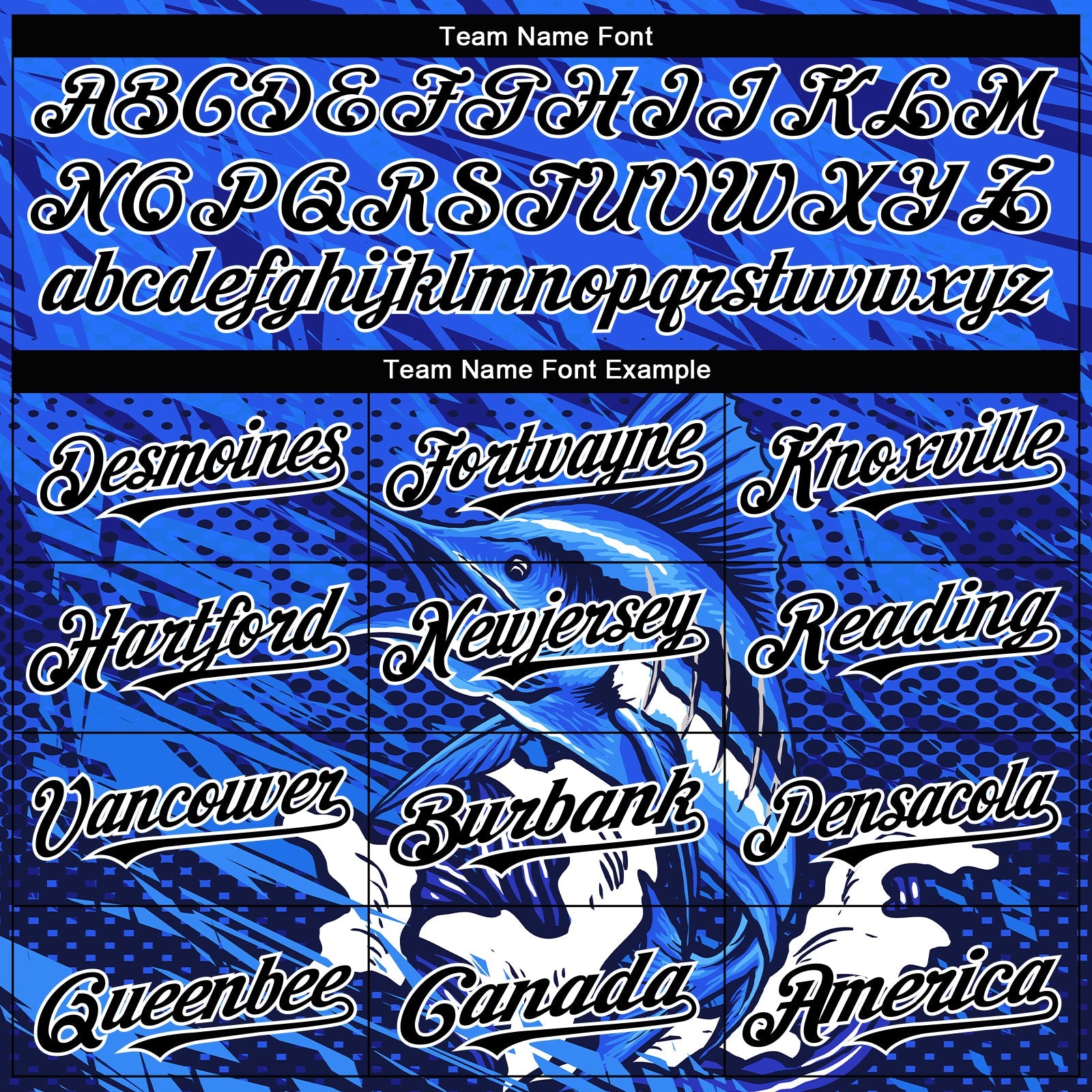 Custom Royal Black-White Marlin Fish Fishing 3D Bomber Full-Snap Varsity Letterman Hoodie Jacket view 4