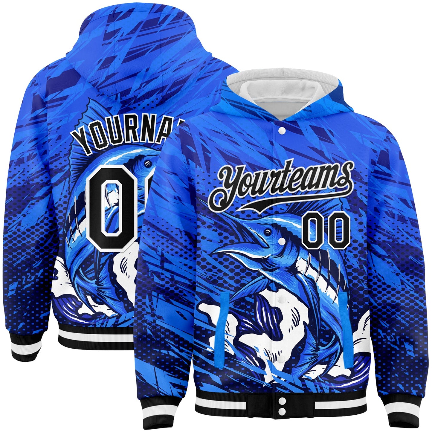 Custom Royal Black-White Marlin Fish Fishing 3D Bomber Full-Snap Varsity Letterman Hoodie Jacket - Main View