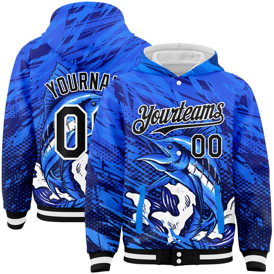 Custom Royal Black-White Marlin Fish Fishing 3D Bomber Full-Snap Varsity Letterman Hoodie Jacket - Main View