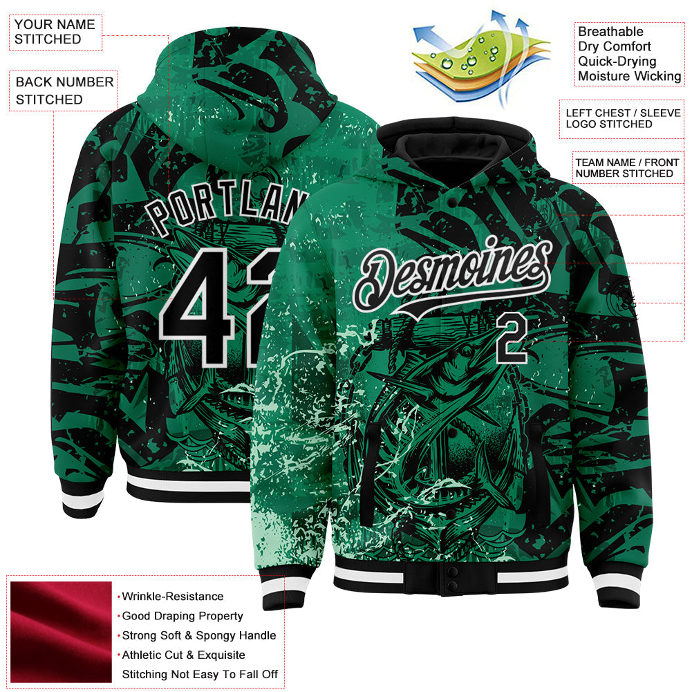 Custom Kelly Green Black-White Barracuda Fish Fishing 3D Bomber Full-Snap Varsity Letterman Hoodie Jacket view 3