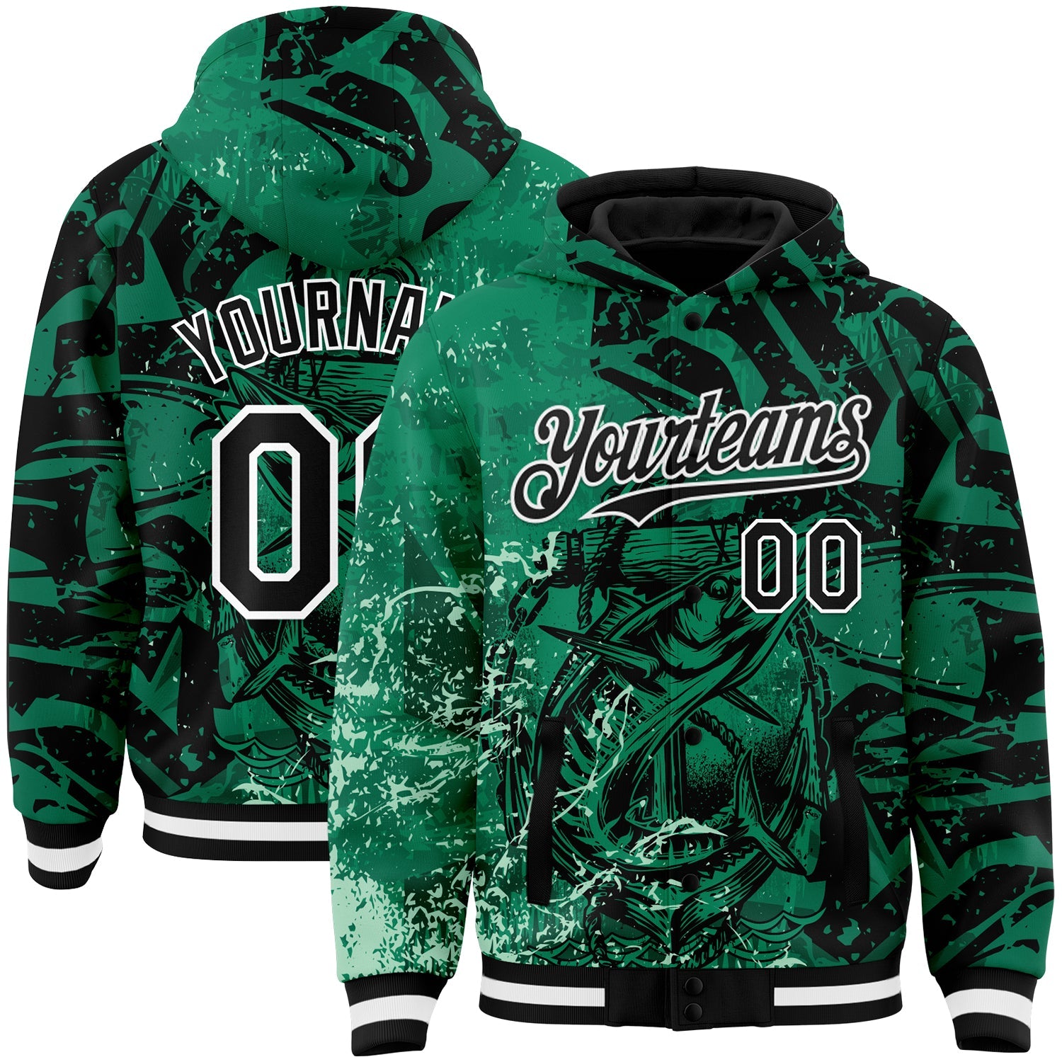 Custom Kelly Green Black-White Barracuda Fish Fishing 3D Bomber Full-Snap Varsity Letterman Hoodie Jacket - Main View