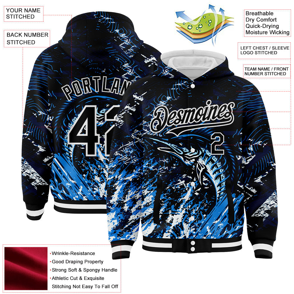 Custom Navy Black-White Marlin Fish Fishing 3D Bomber Full-Snap Varsity Letterman Hoodie Jacket view 3