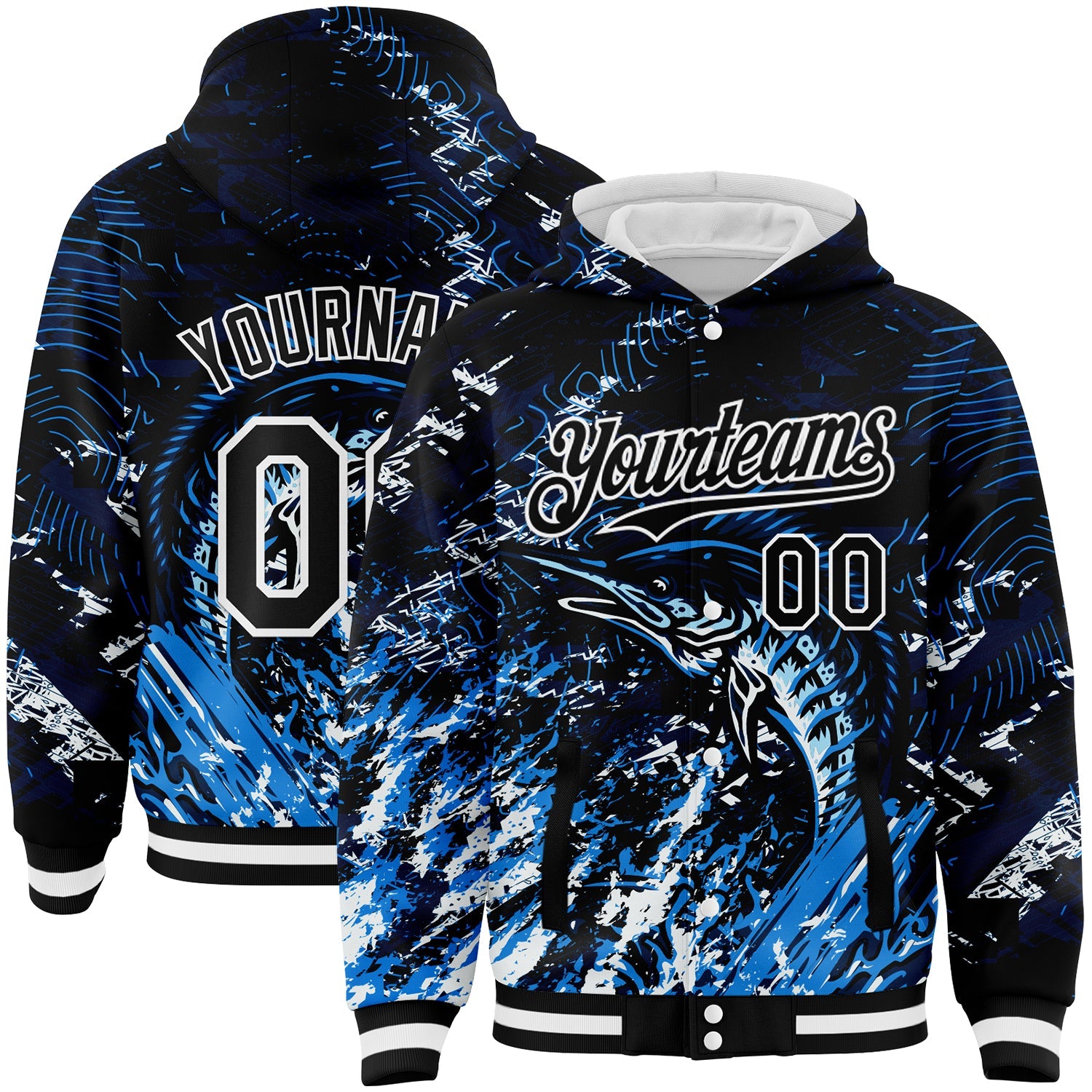 Custom Navy Black-White Marlin Fish Fishing 3D Bomber Full-Snap Varsity Letterman Hoodie Jacket - Main View
