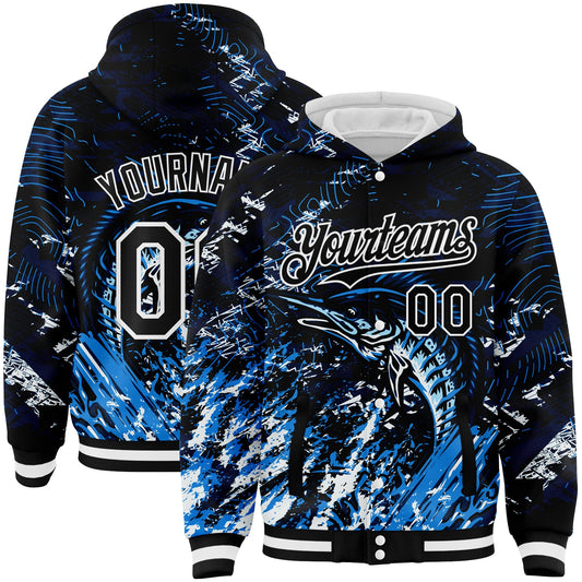 Custom Navy Black-White Marlin Fish Fishing 3D Bomber Full-Snap Varsity Letterman Hoodie Jacket - Main View