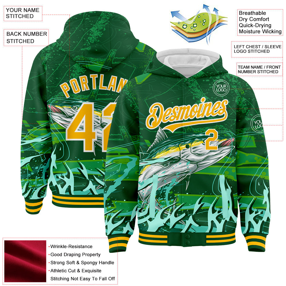 Custom Green Gold-White Tuna Fish Fishing 3D Bomber Full-Snap Varsity Letterman Hoodie Jacket view 3