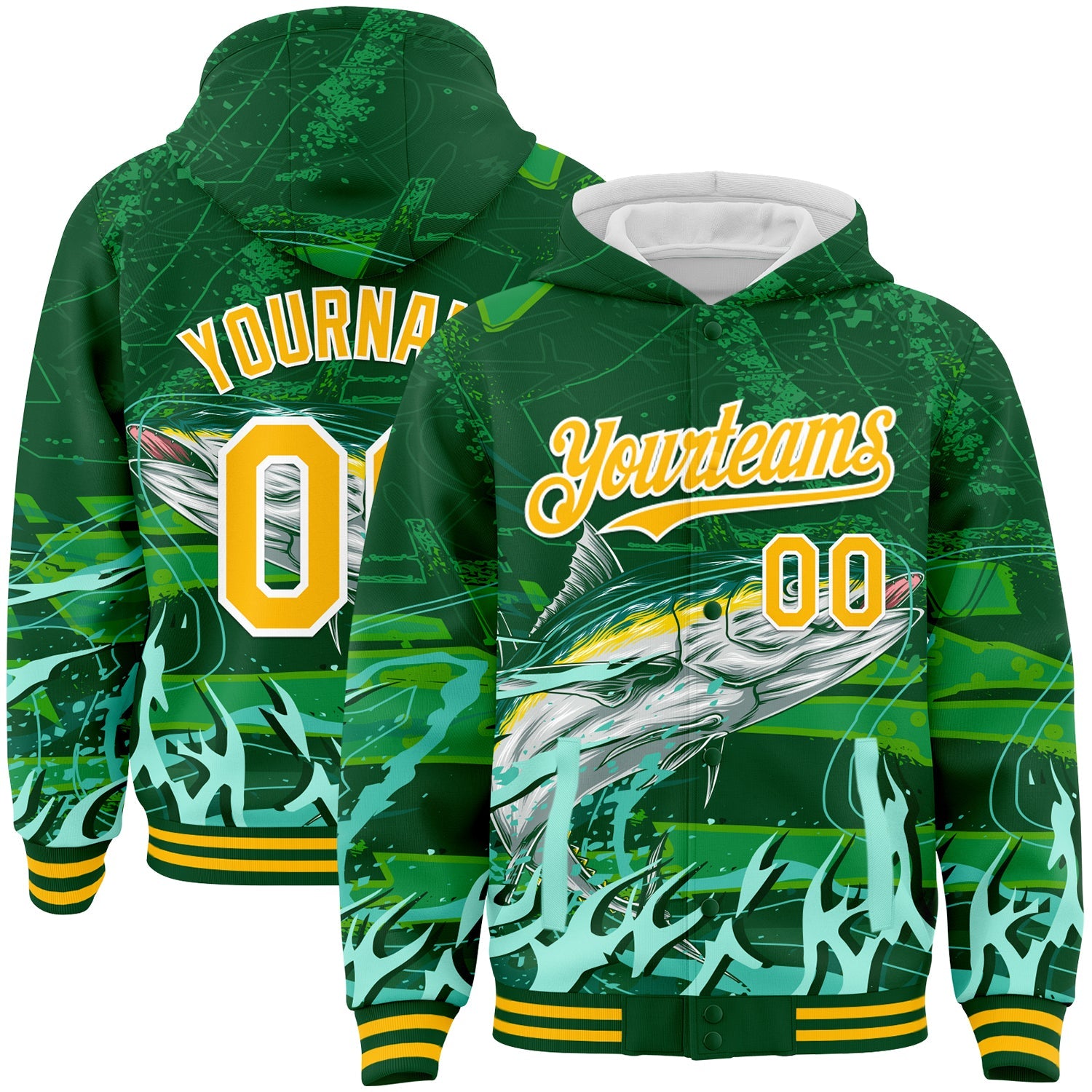 Custom Green Gold-White Tuna Fish Fishing 3D Bomber Full-Snap Varsity Letterman Hoodie Jacket - Main View