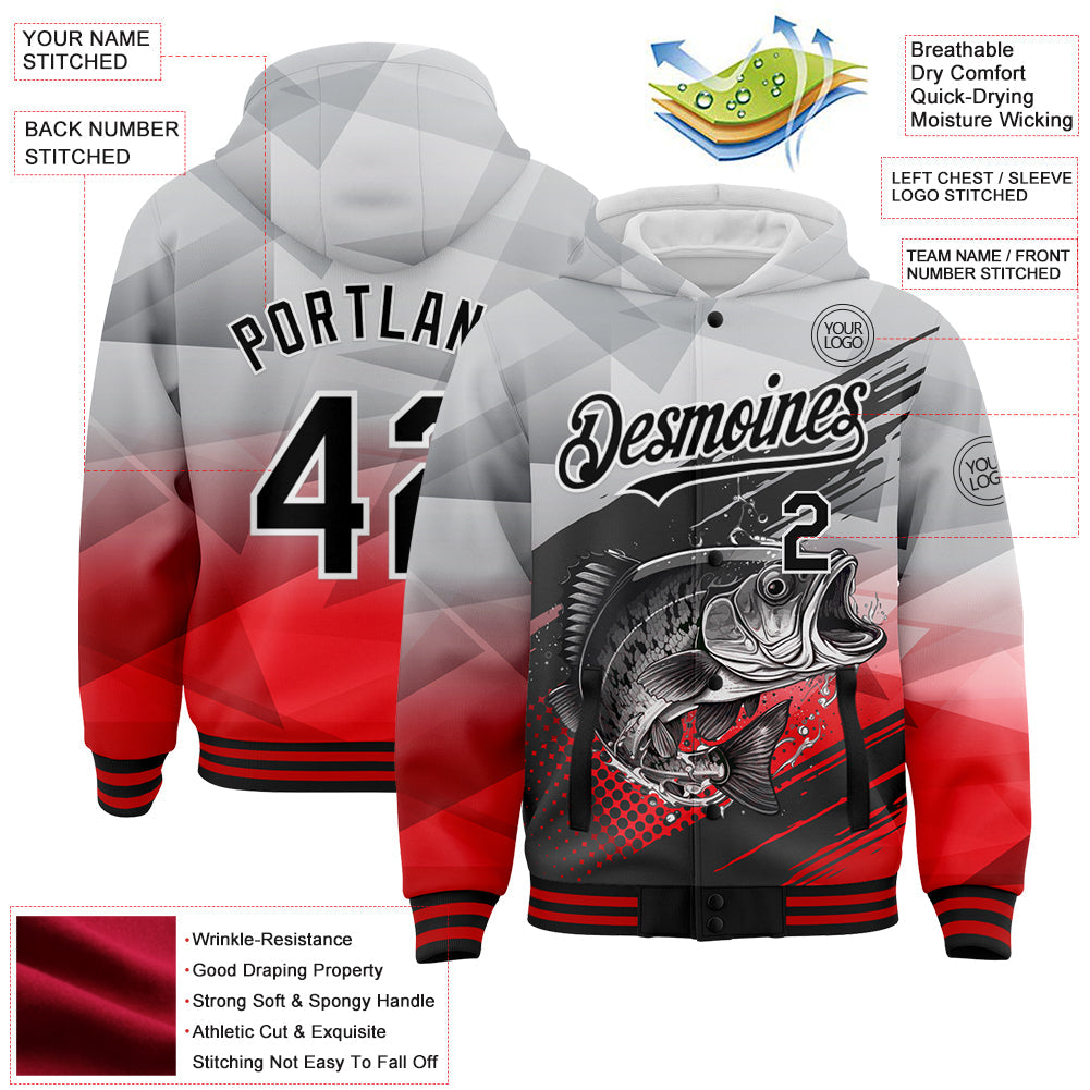 Custom Gray Black-Red Largemouth Bass Fish Fishing 3D Bomber Full-Snap Varsity Letterman Hoodie Jacket view 3