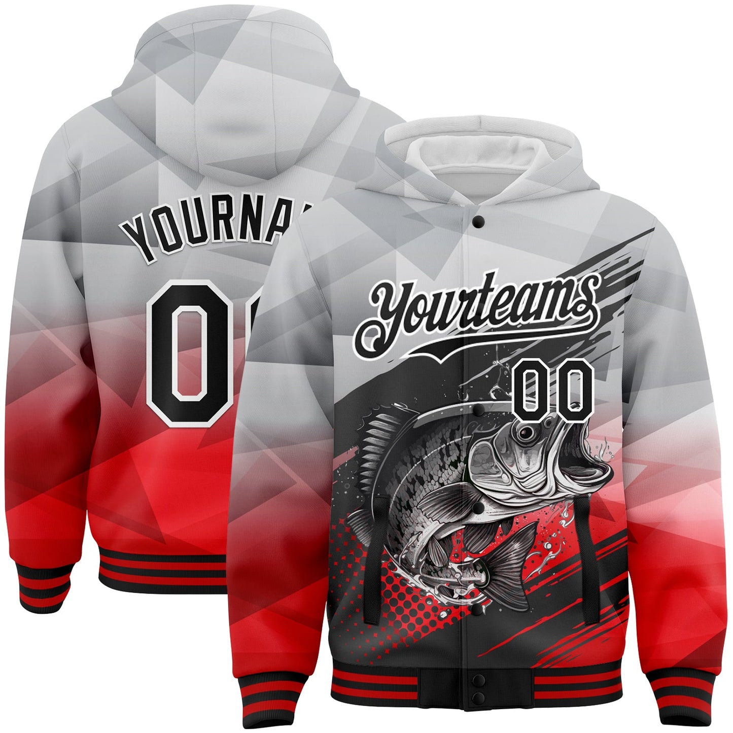 Custom Gray Black-Red Largemouth Bass Fish Fishing 3D Bomber Full-Snap Varsity Letterman Hoodie Jacket - Main View