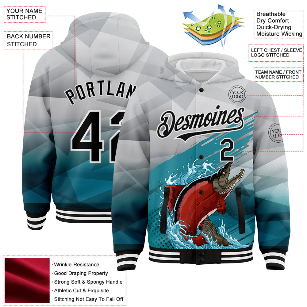 Custom Gray Black-Aqua Salmon Fish Fishing 3D Bomber Full-Snap Varsity Letterman Hoodie Jacket view 3